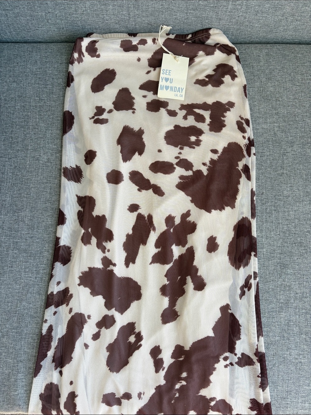 See You Monday Cream and Brown Cow-Print Midi Skirt